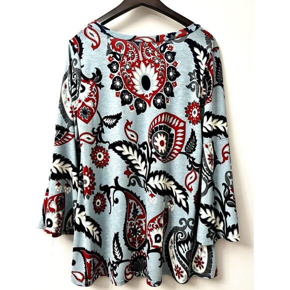 Honeyme Women's Sz S Boho Floral Paisley Print 3/4 Bell Sleeve Top Stretch Artsy - Picture 7 of 9